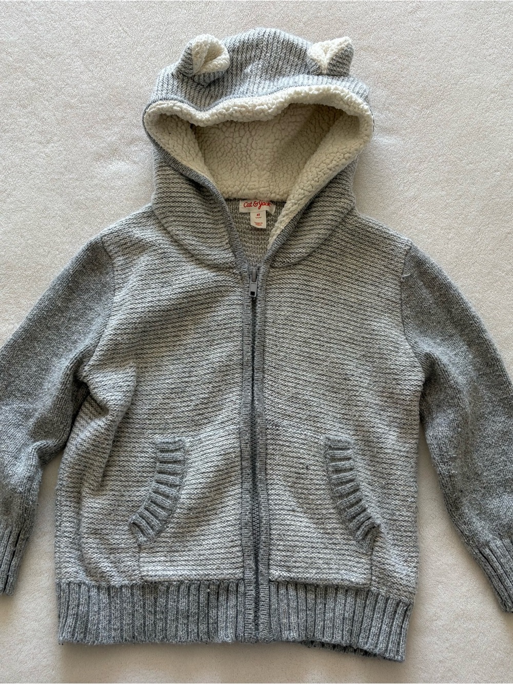 Cat & Jack Grey Sherpa-Lined Hooded Zip Sweater with Ear Detail